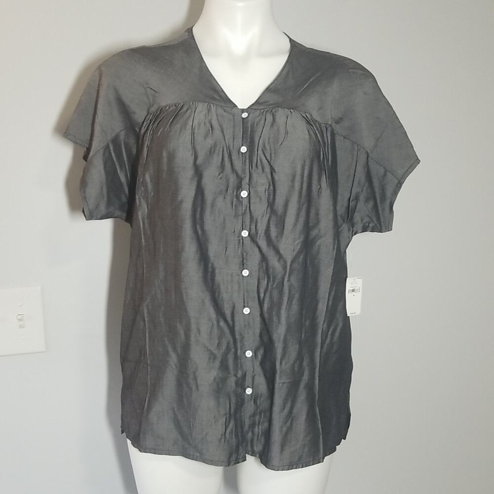 NWT Old Navy Blue Grey Short Sleeve Blouse Women’s Medium Button Front New